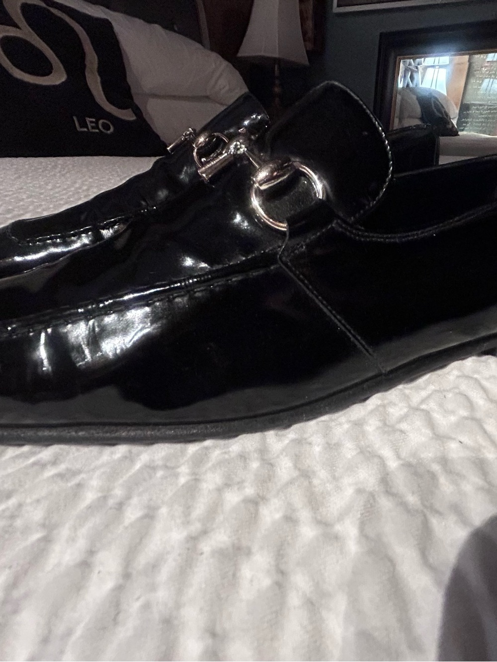 GUCCI Men's Black Patent Leather Dress Loafers with brand Metal Bit. - Picture 4 of 12